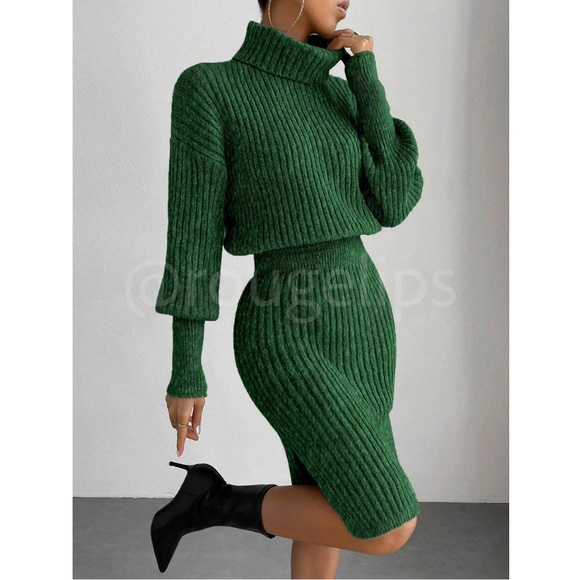 Green Cable Knit Long Sleeve DressTurtleneck Drop Shoulder, Long Sleeve